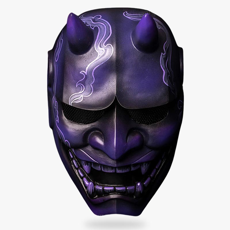 the Japanese oni demon mask is blue. The japanse mask is a face of a demon Oni with horns and teeths
