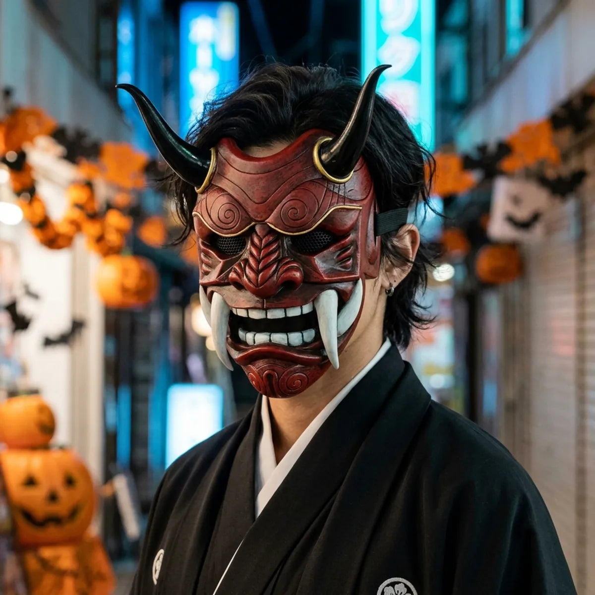 Japanese oni mask: red horned demon mask worn with a black kimono at night for Halloween, blue Tokyo neon behind