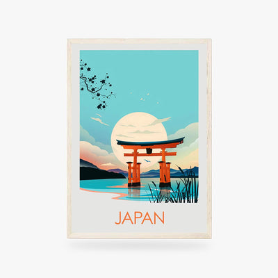 This poster is a Japanese painting landscape painting with a torrii door and a sunset.