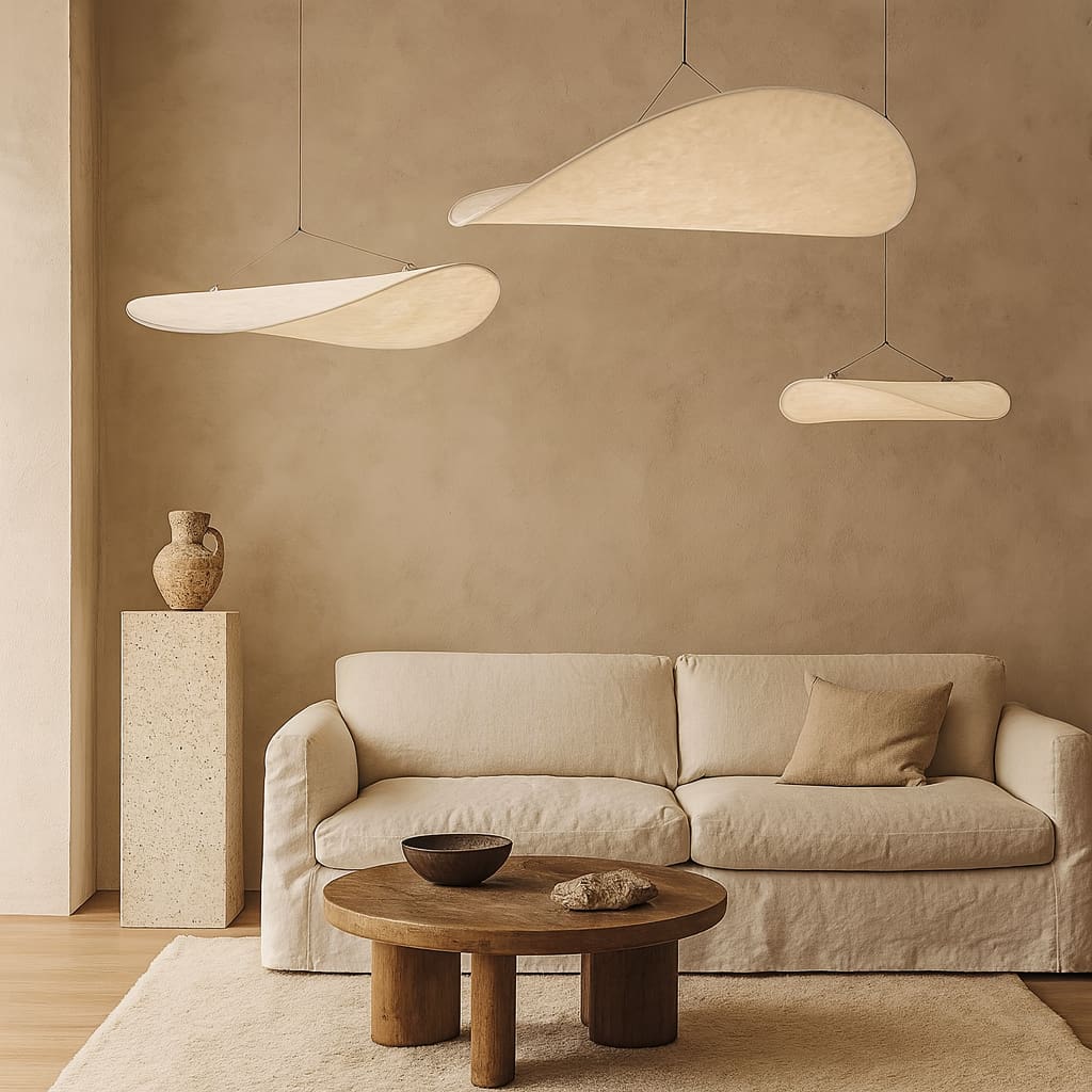 Beige sofa with wooden coffee table and pendant Japanese Paper Lamp Ceiling lights in a room with beige walls.