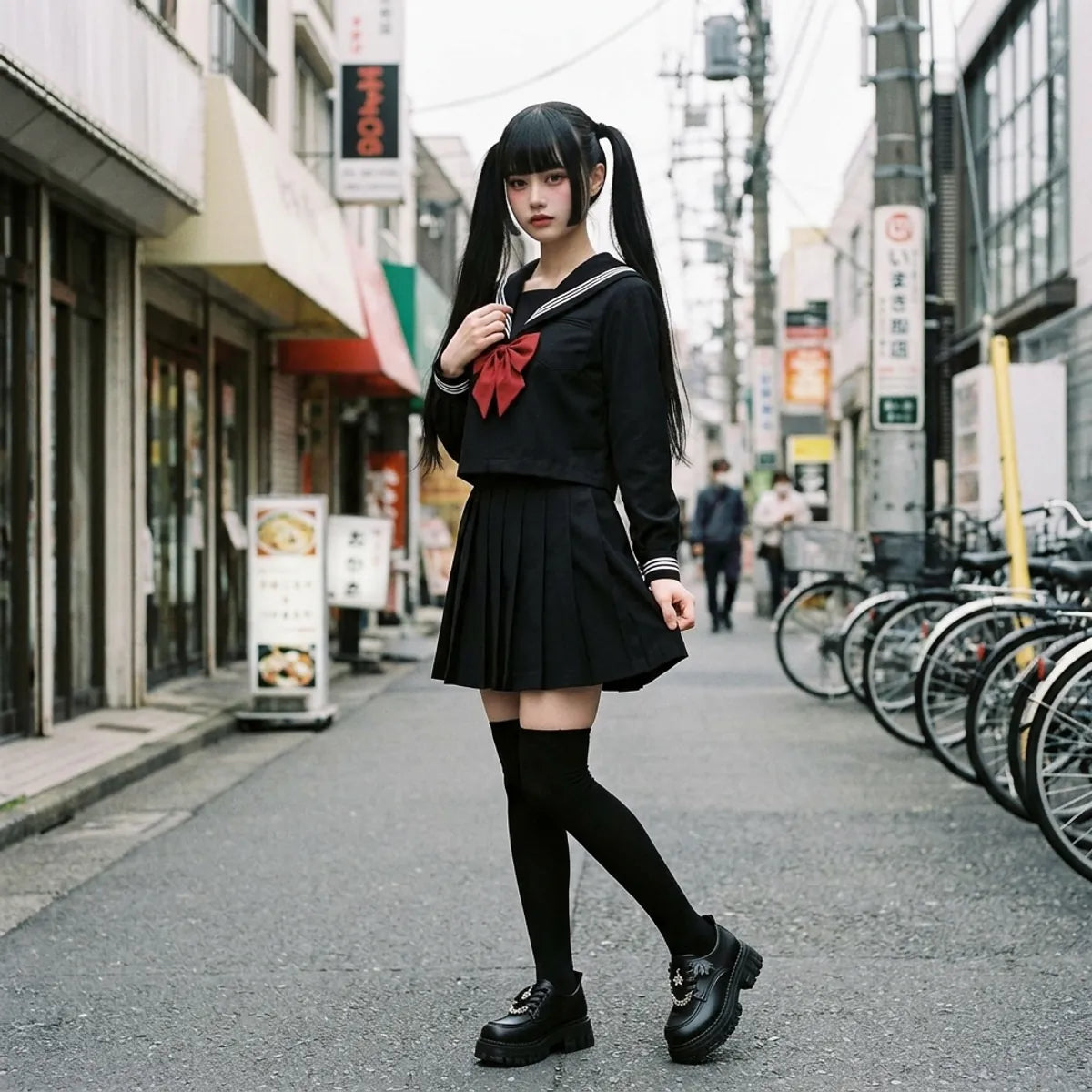 Black Japanese sailor uniform seen three quarters, hand on the red bow, long black socks
