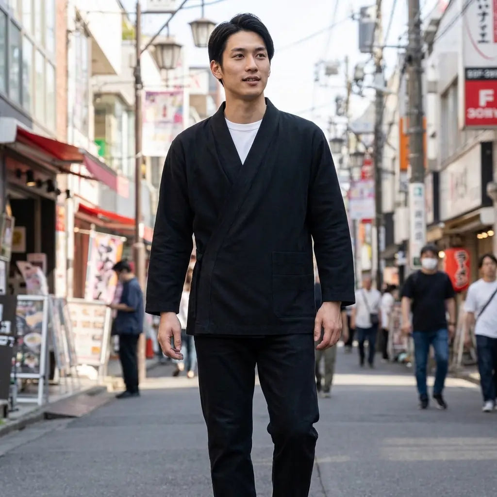 Man wearing a japanese samue in a Harajuku street in Tokyo, front view
