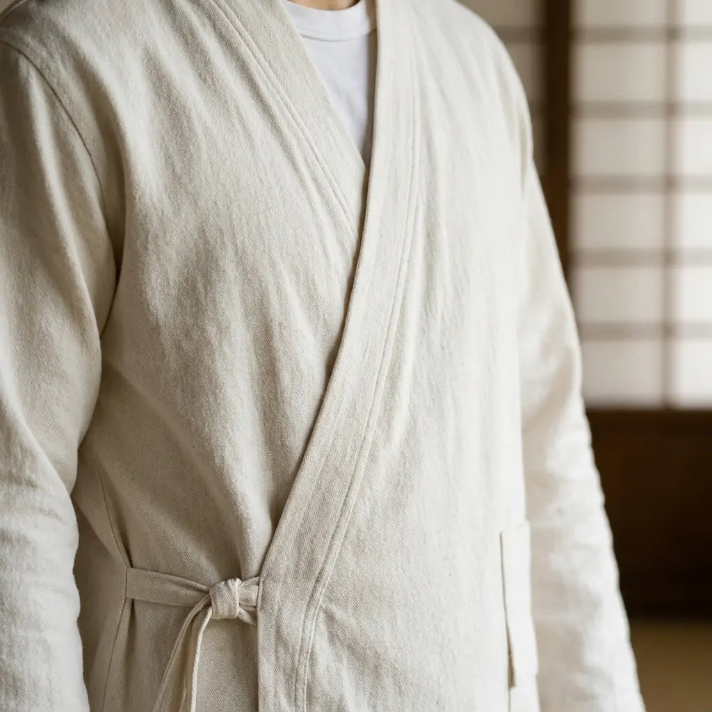 Close-up of the printed fabric and sleeve of a japanese samue shirt