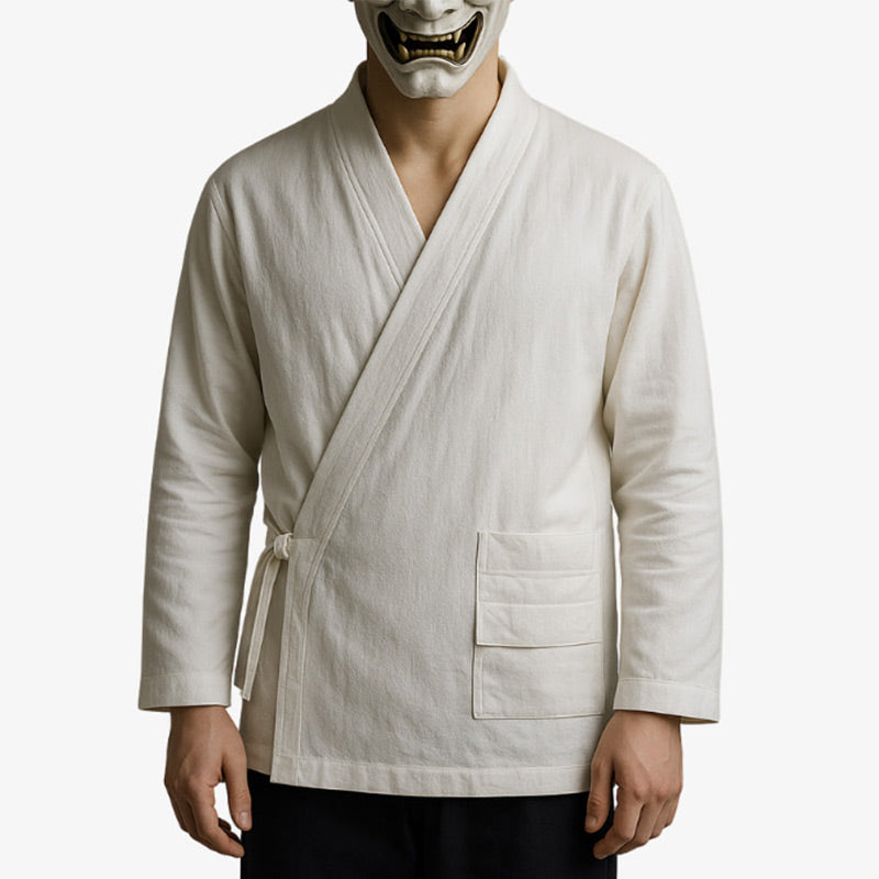 Japanese samue shirt with traditional neckline and relaxed cut, ideal for comfort and daily wear