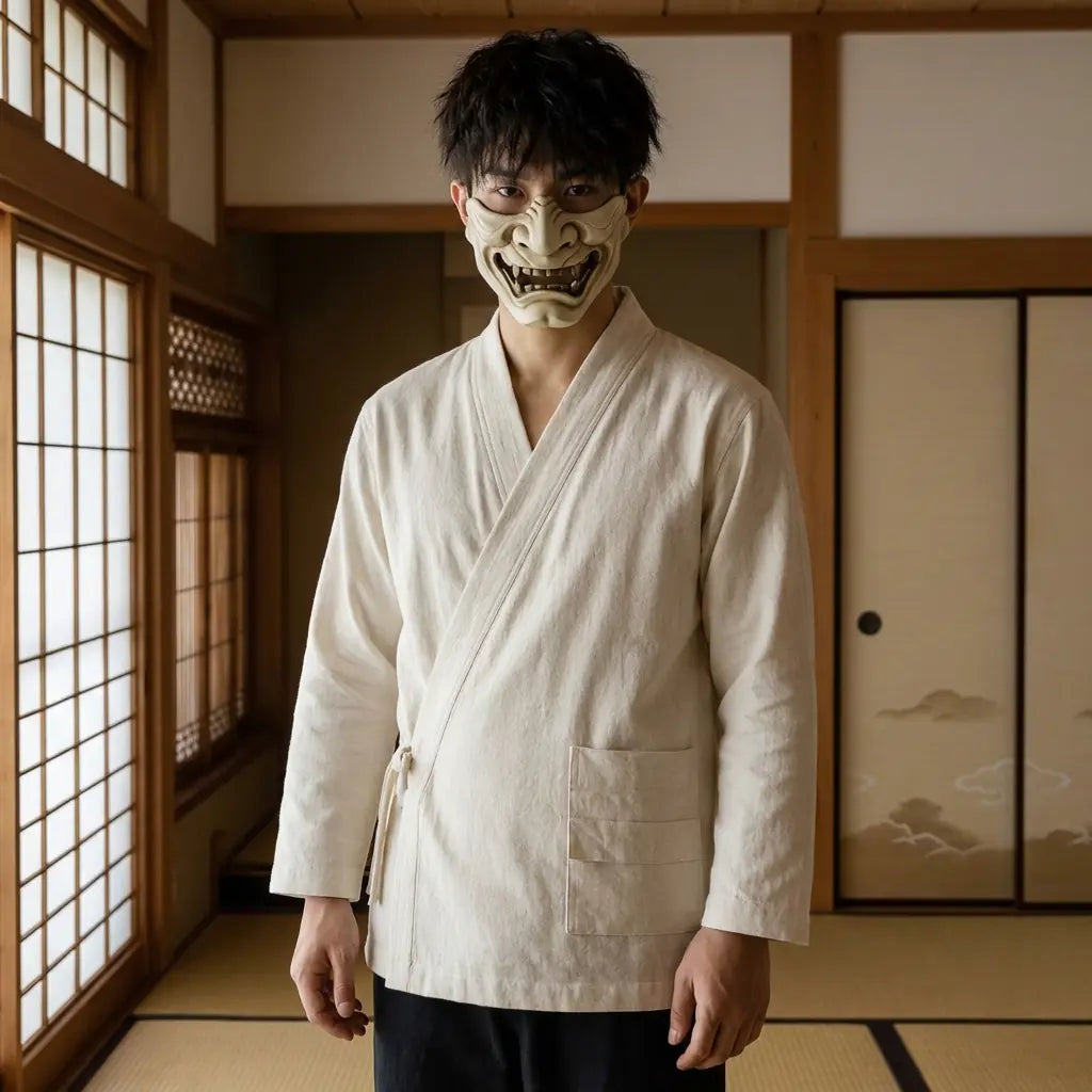 Man wearing a japanese samue shirt in a Japanese washitsu room with shoji screens, waist-up front view