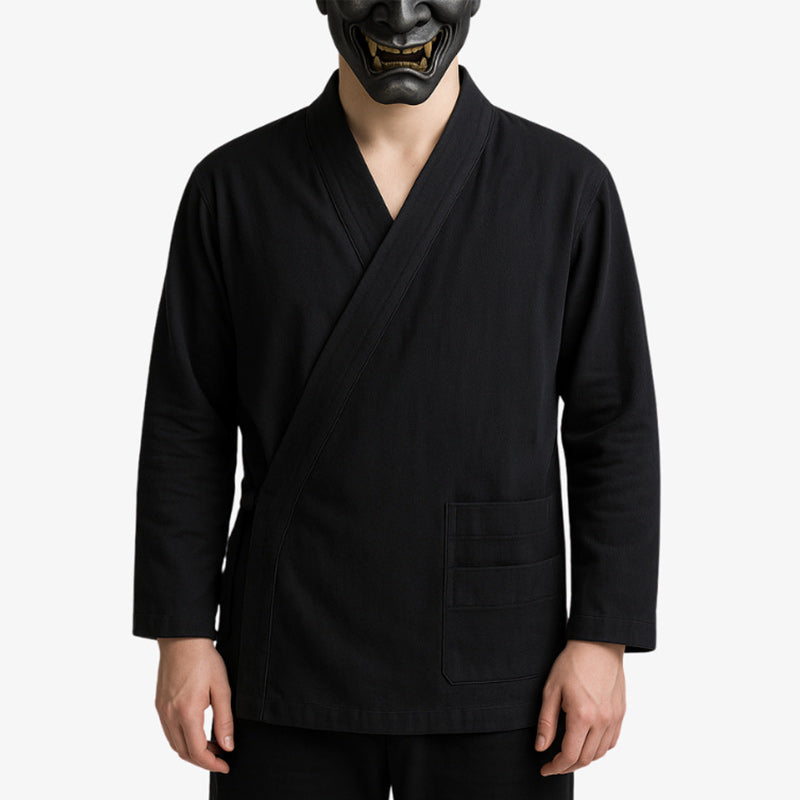 this black Japanese samue outfit traditionally worn by monks and craftsmen, offering a relaxed and authentic look rooted in Japanese workwear.