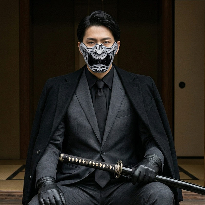 Man in a dark suit with a mask and katana in a traditional Japanese setting