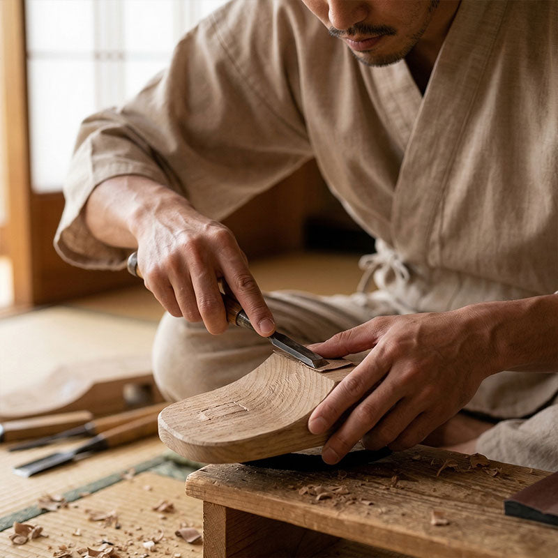 Person working on a wooden japanese sandals shoe with tools in a workshop setting from the Kimurakami store