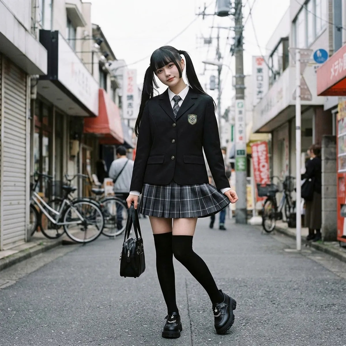 Japanese school uniform girl in a Harajuku backstreet, black blazer with crest and plaid pleated skirt