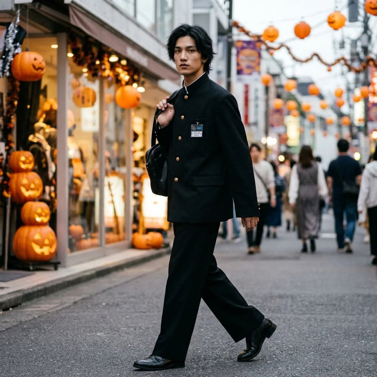 Model walking in the black Japanese student uniform showing the boxy jacket silhouette in motion