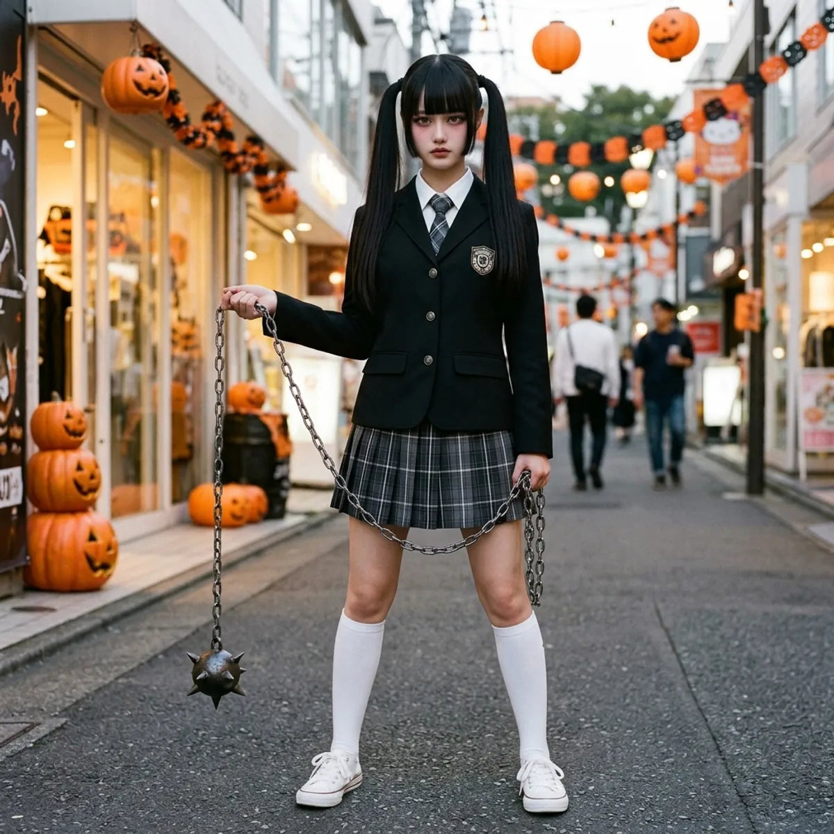 Japanese schoolgirl Halloween costume in Harajuku with a chain prop, white knee socks and white sneakers