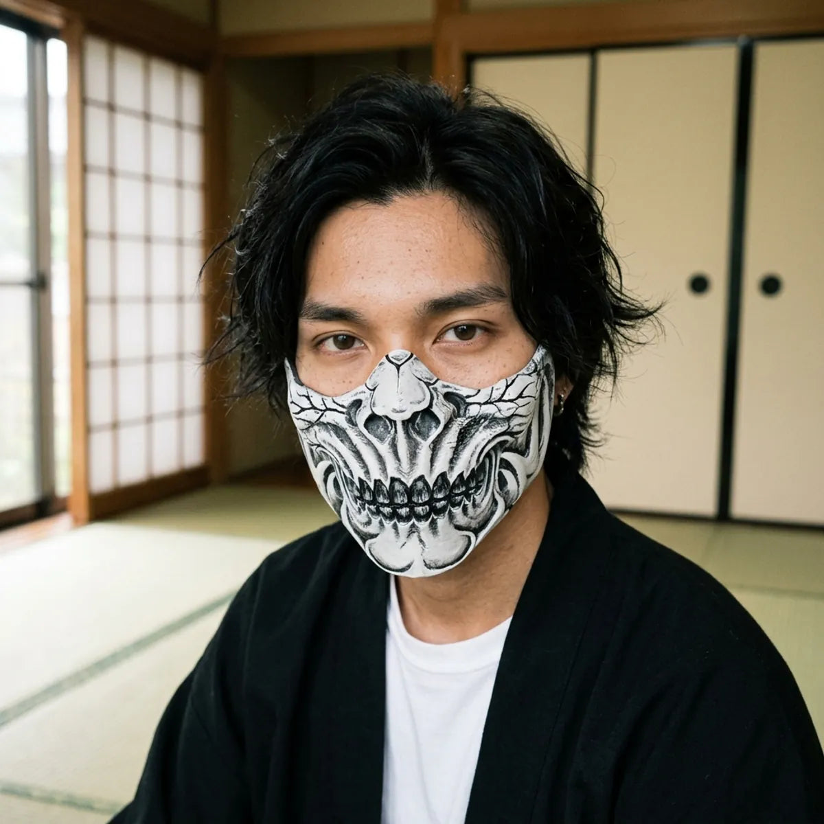 Japanese Shinigami mask: close-up of the half mask worn in a Japanese tatami room, the painted details under calm dark eyes