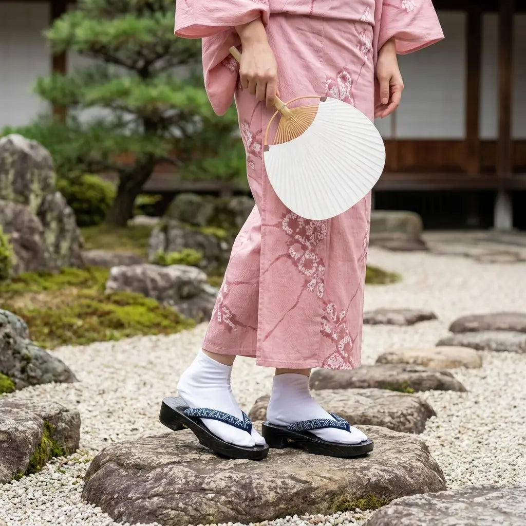 Japanese Shoe worn with a pink kimono in a Japanese garden