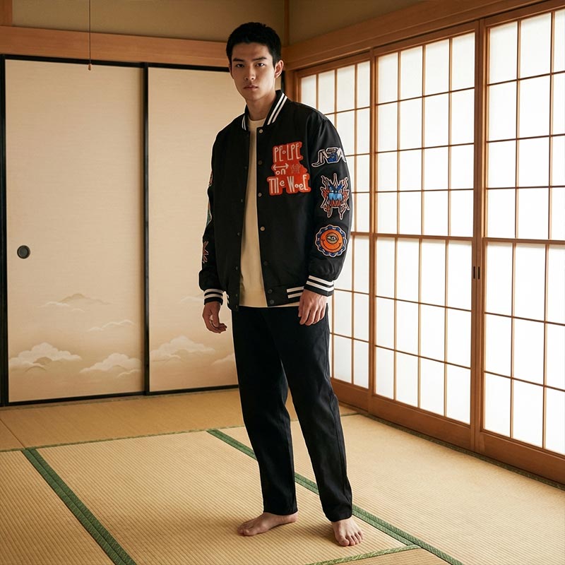 Man wearing a black japanese souvenir Jacket with colorful patches in a traditional Japanese room.