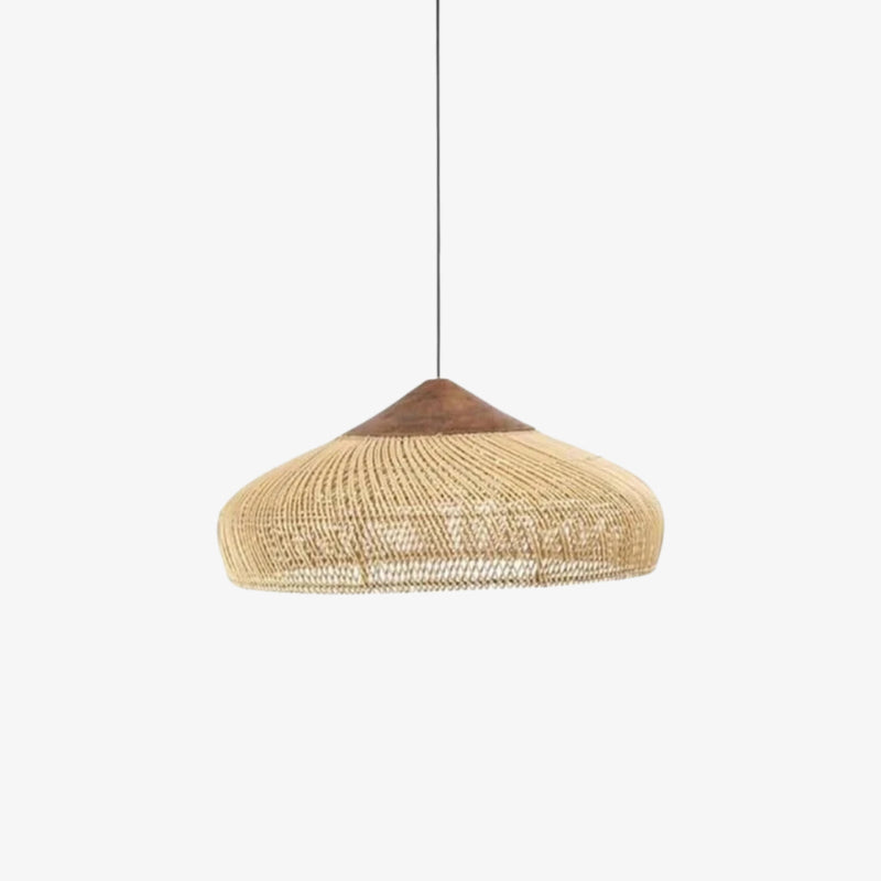 Pendant japanese style ceiling lamp with woven design on a white background