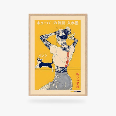 This Japanese-style prints is a canvas print featuring a Japanese girl with irezumi tattoos. Wooden stand not sold