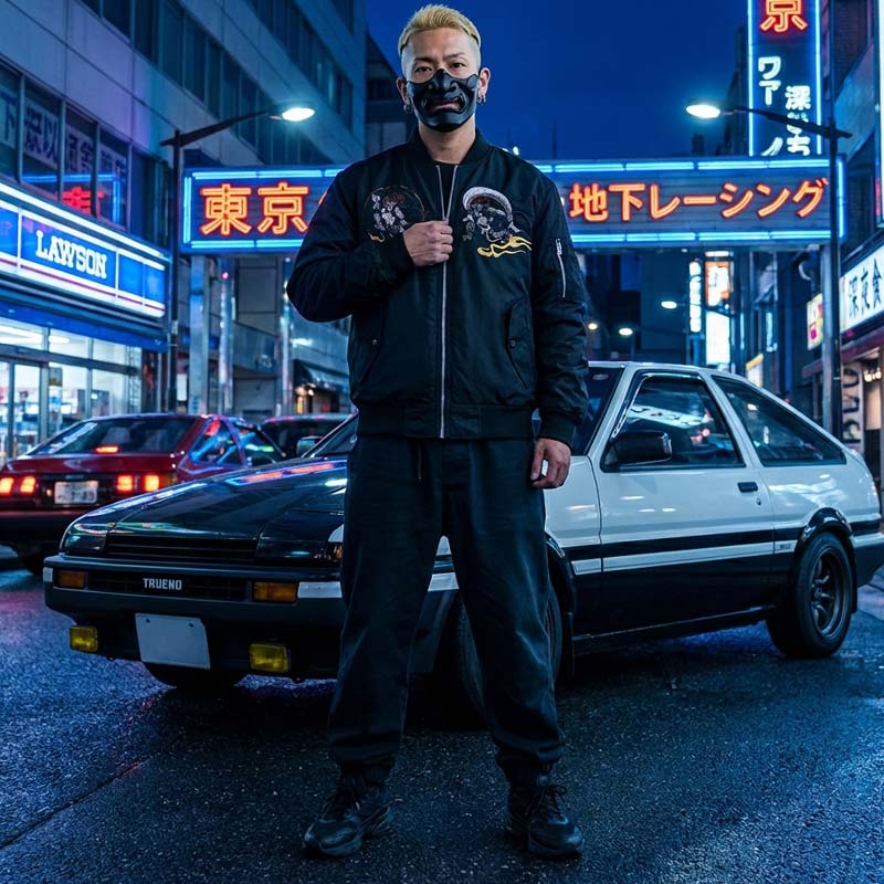 Man in a black Japanese Sukajan jacket standing in front of a classic car on a neon-lit Harajuku street at night.