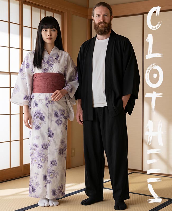 A couple wearing traditional Japanese clothing in a tatami room, the woman in a floral yukata with a red obi and the man in a black haori jacket