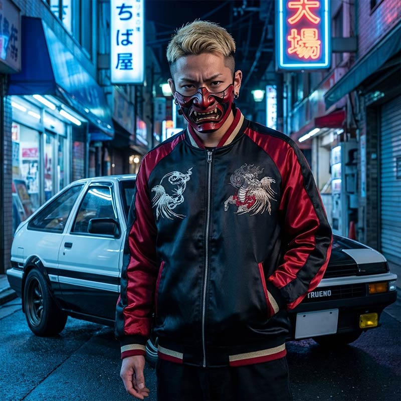Person wearing a black and red japanese traditional style sukajan jacket with a car and neon signs on a japanese street in the background