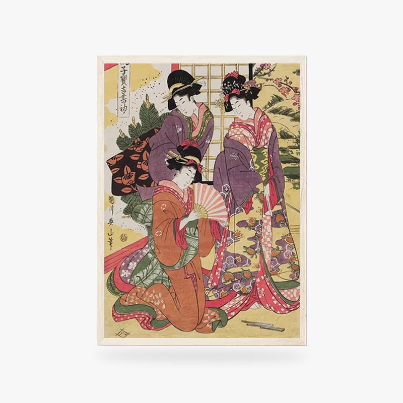 This Japanese vintage prints is a Japanese poster featuring three geisha women dressed in Kimono. Their traditional hairstyles are held in place by Kanzashi jewelry. This illustration is inspired by the art of Ukiyo-e prints.
