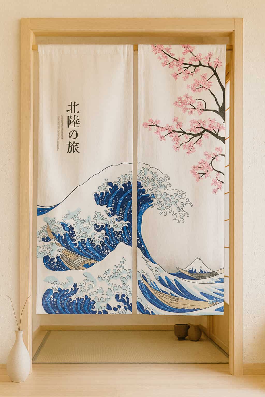 Decorative Japanese wave noren door curtain with wave and cherry blossom design in a room.