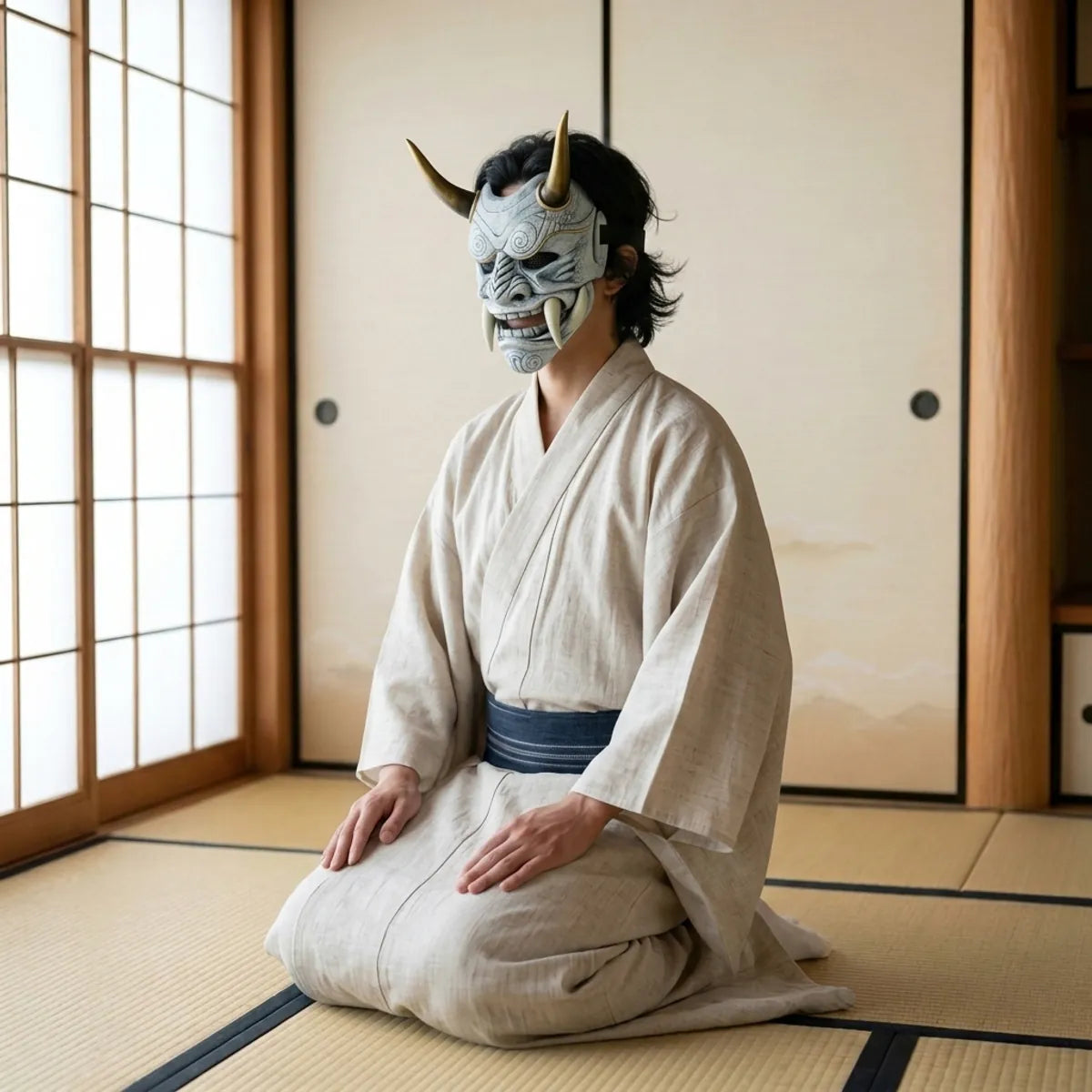 Japanese white demon mask seen in three-quarter view, worn kneeling on tatami in an ecru kimono