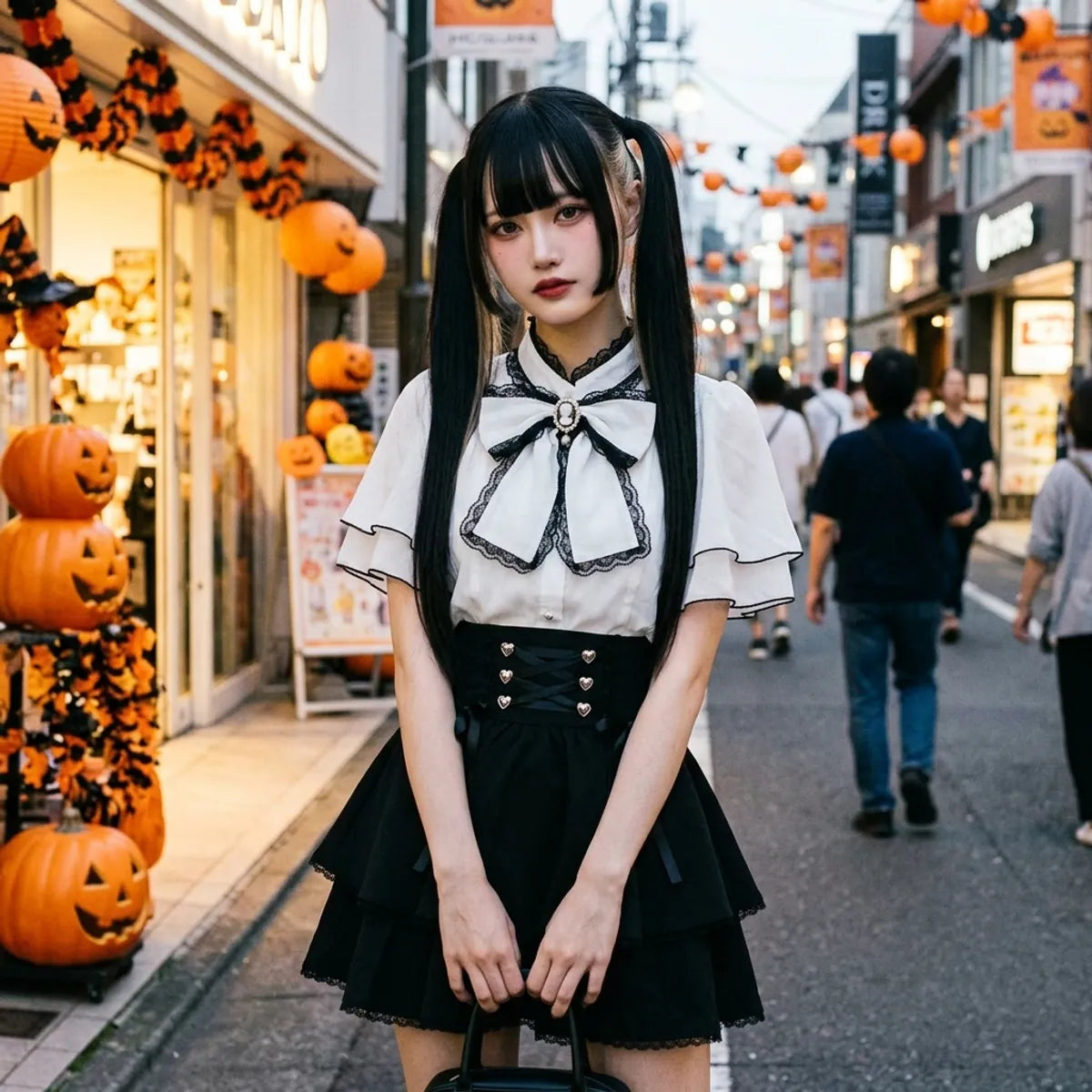 Jirai kei dress set worn on a Tokyo street at Halloween, carved pumpkins and orange lanterns behind