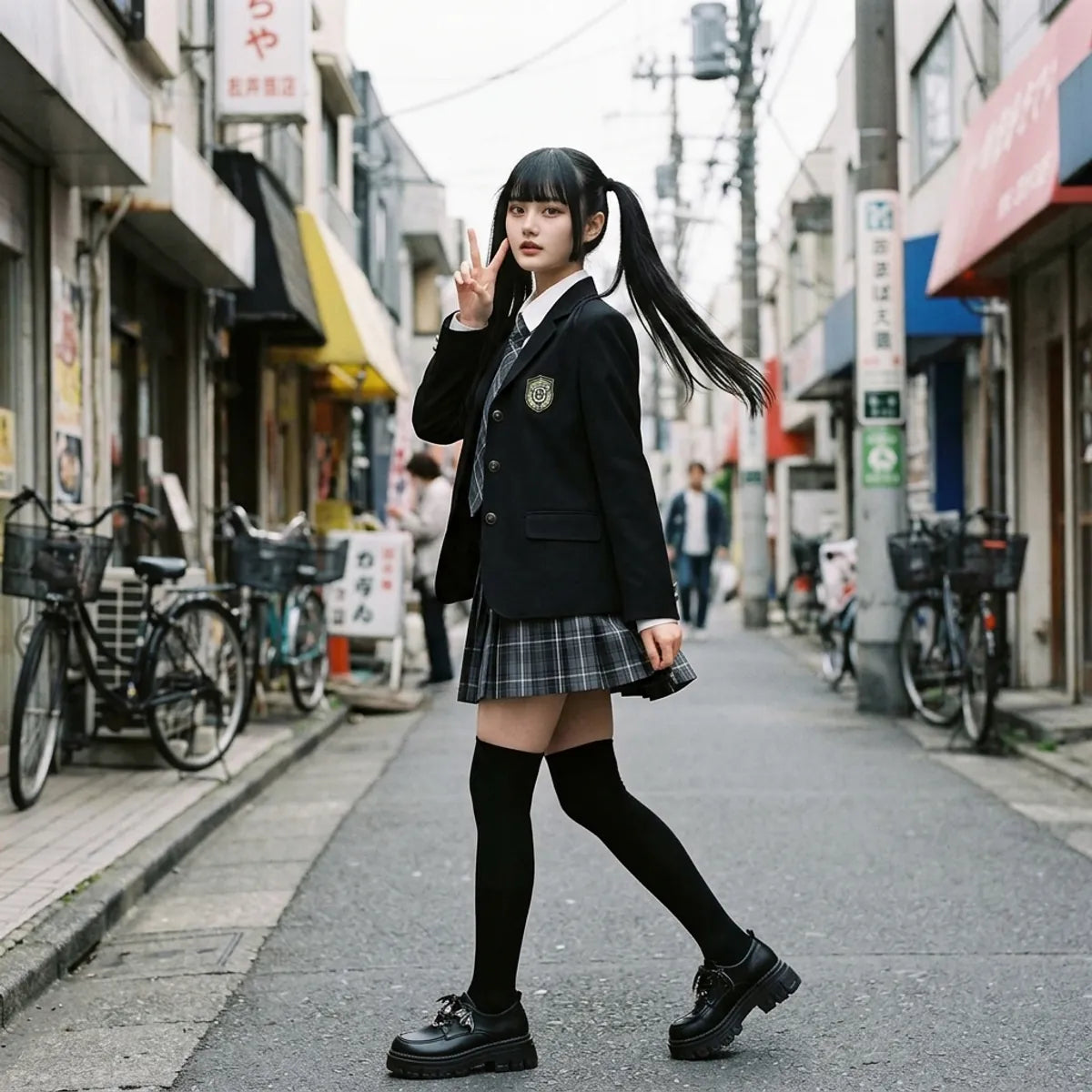 JK uniform in Harajuku caught mid-step, the pleated plaid skirt moving and the black lolita shoes