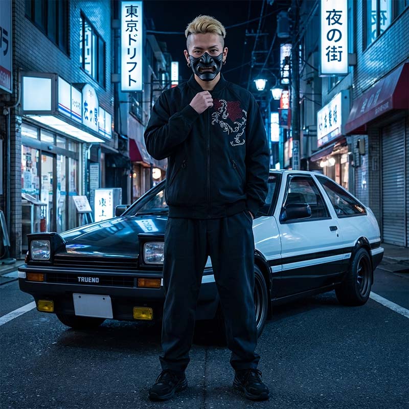 Person in a dark outfit with a samurai oni mask standing and a karakuri sukajan in front of a classic Intitial D vintage car on a neon-lit street.