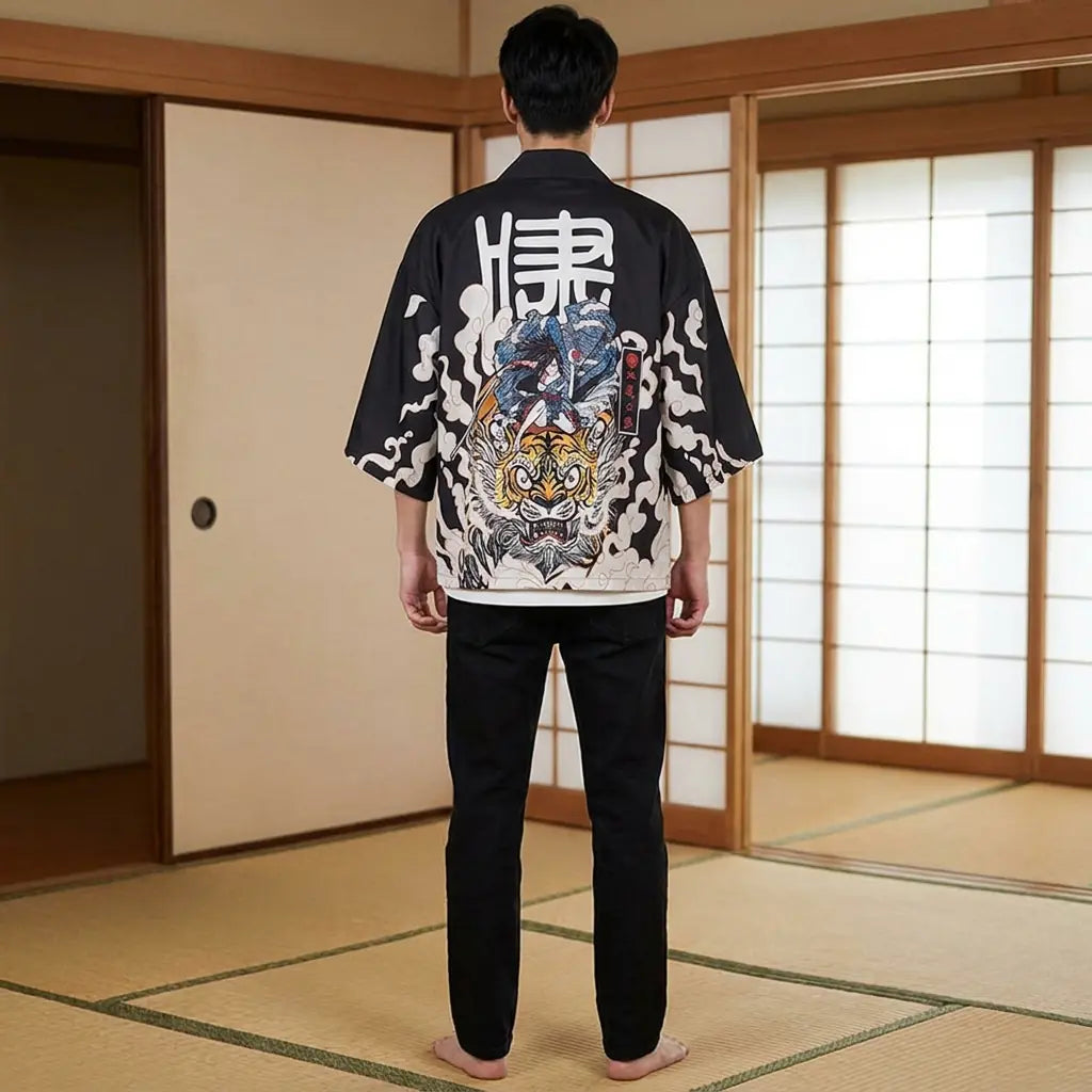 Back view of a manga kimono in a washitsu room, showing the full back design
