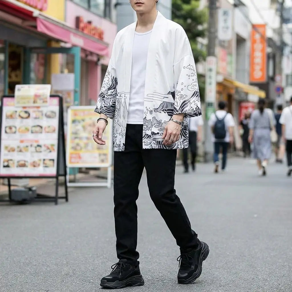 Man wearing a kimono dragon in a Harajuku street in Tokyo, front view