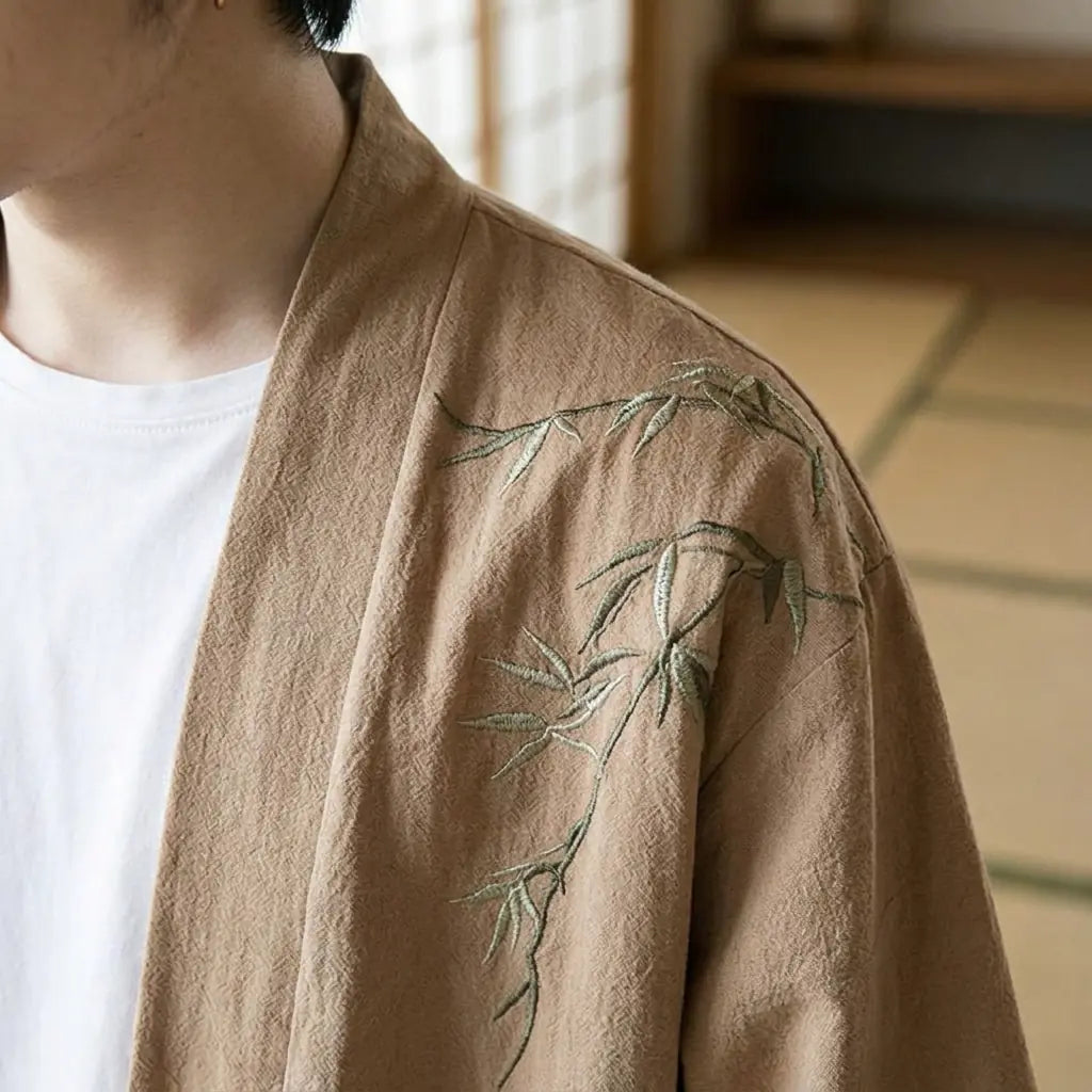 Close-up of the printed fabric and sleeve of a haori kimono jacket