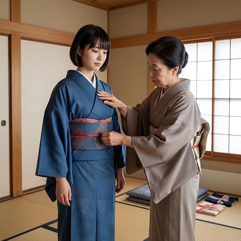 Woman adjusting a blue kimono worn by another woman in a traditional Japanese room.