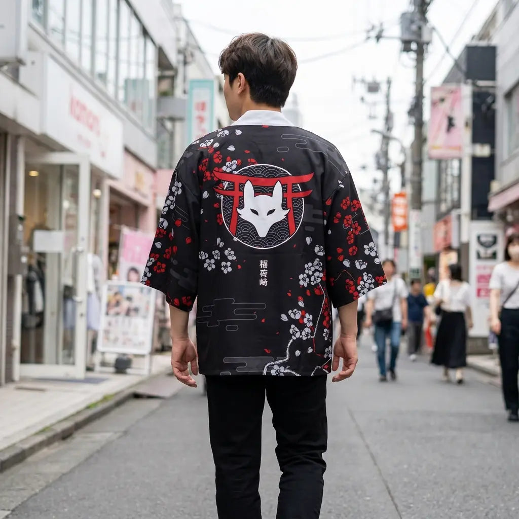 Back view of a kimono fox worn in a Harajuku street, showing the full print