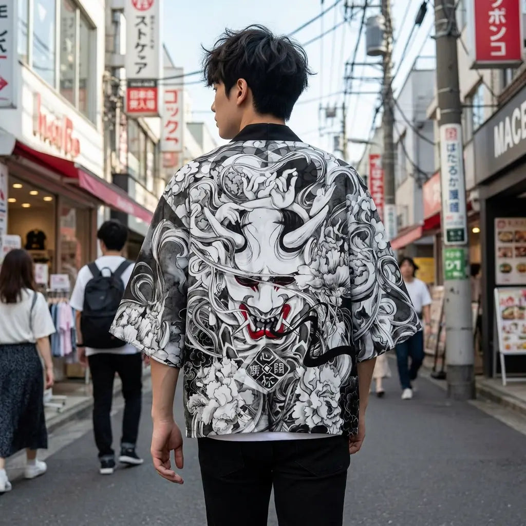 Back view of a kimono haori worn in a Harajuku street, showing the full print