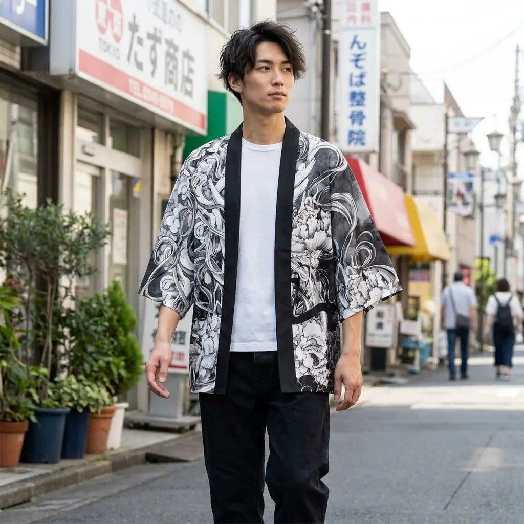 Man wearing a kimono haori in a Harajuku street in Tokyo, front view