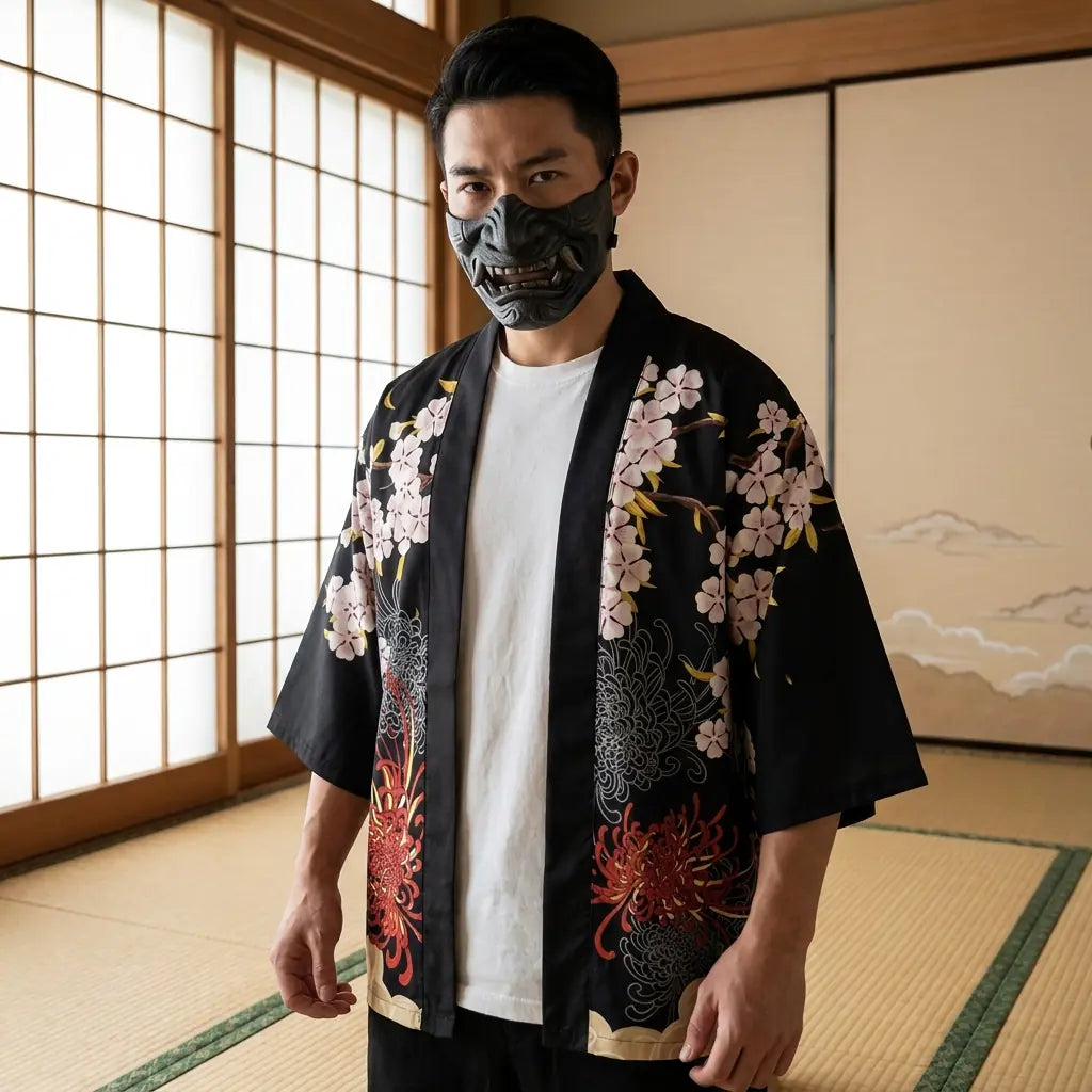 Man wearing a kimono jacket haori in a Japanese washitsu room with shoji screens, waist-up front view