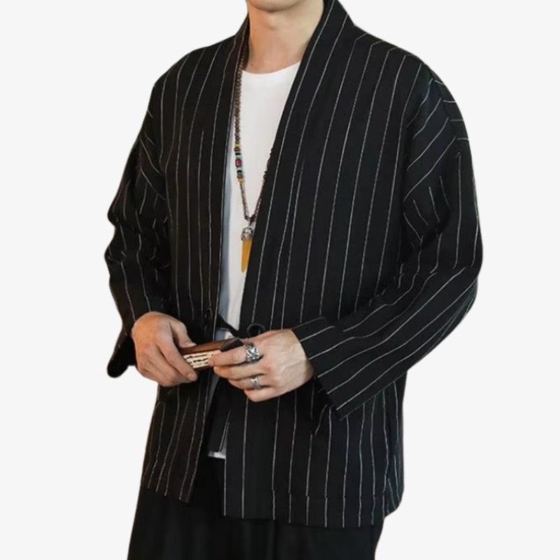 Black kimono jacket mens version blending traditional haori structure with contemporary stripped style printed for a streetwear cuts