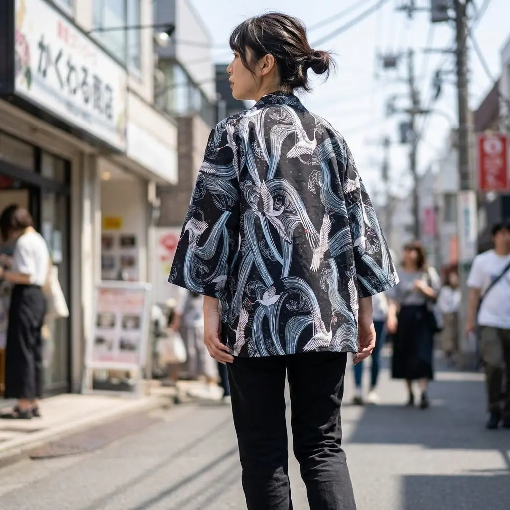 Woman seen from behind wearing a kimono style mens jacket in a Harajuku street