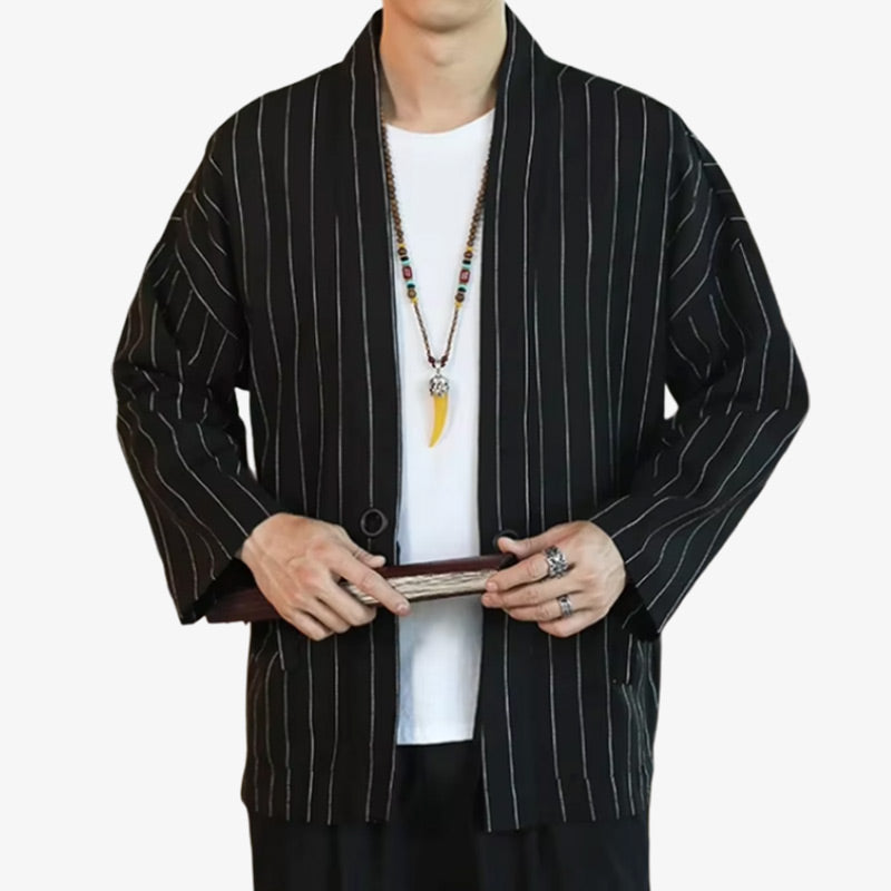 Kimono men’s jacket featuring clean lines and cultural inspiration, perfect for layering in both casual and semi-formal looks.