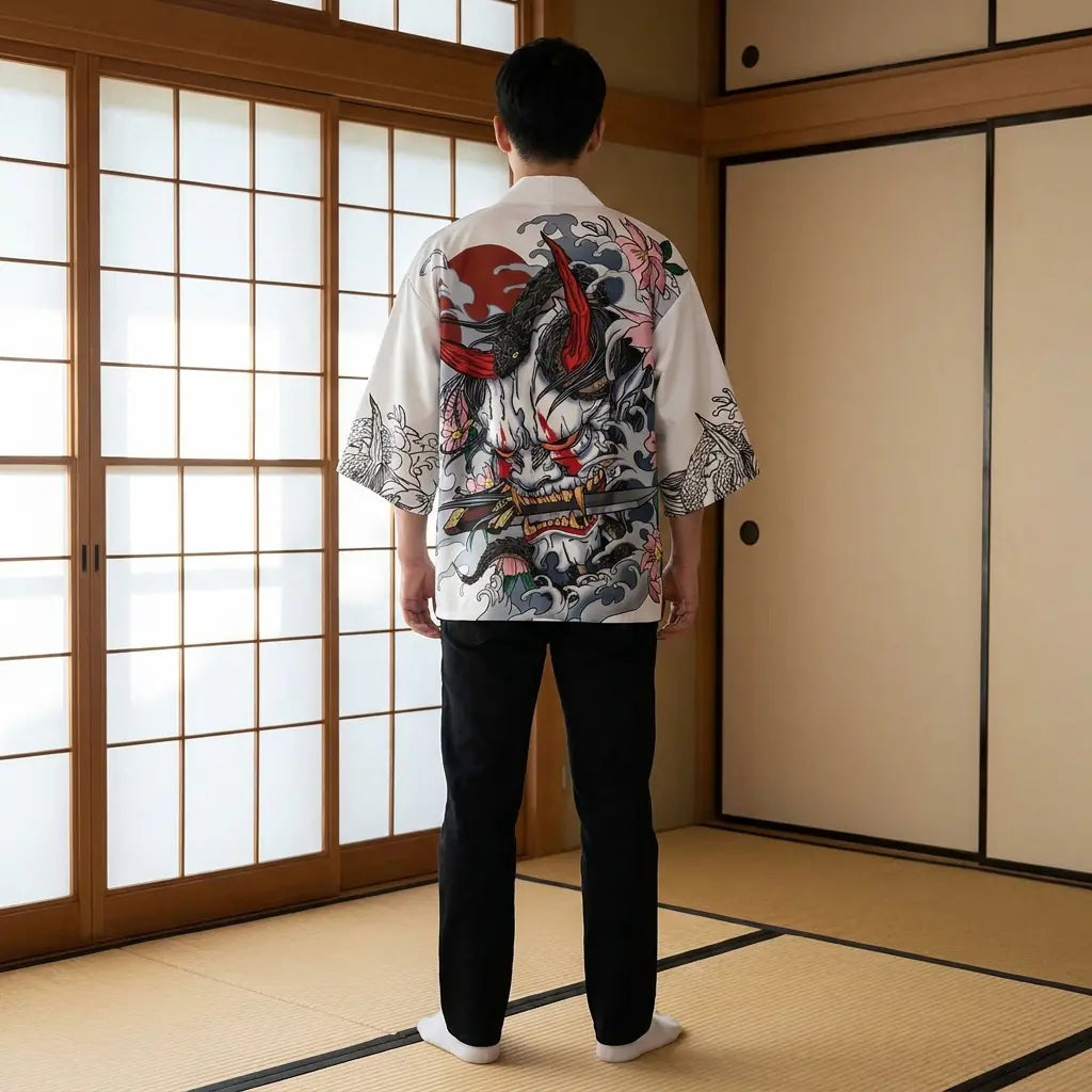 Back view of a kimono oni in a washitsu room, showing the full back design