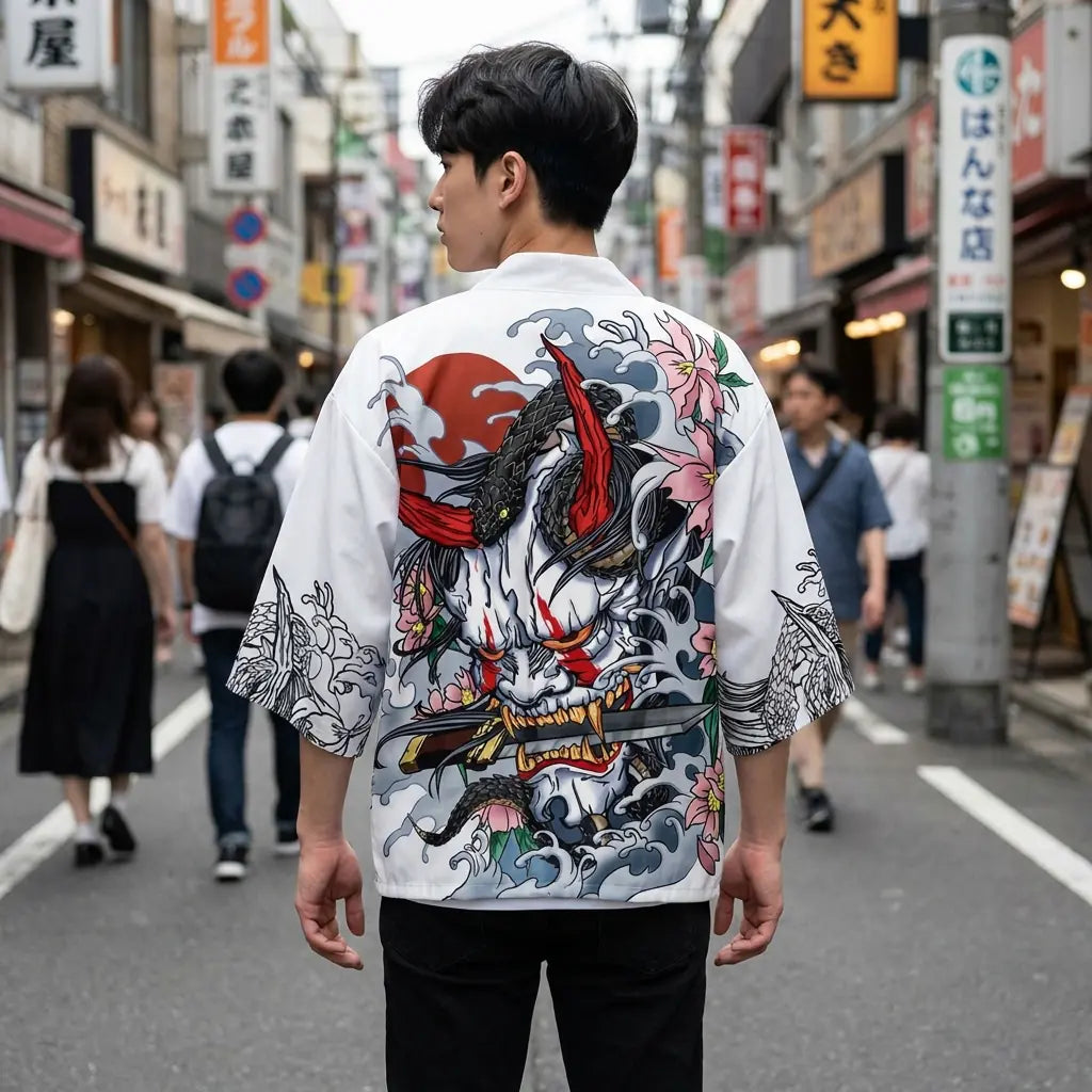 Back view of a kimono oni worn in a Harajuku street, showing the full print