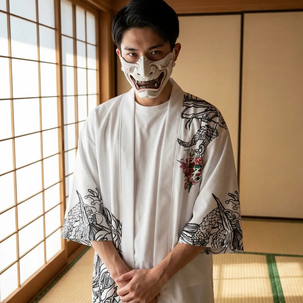 Man wearing a kimono oni in a Japanese washitsu room with shoji screens, waist-up front view