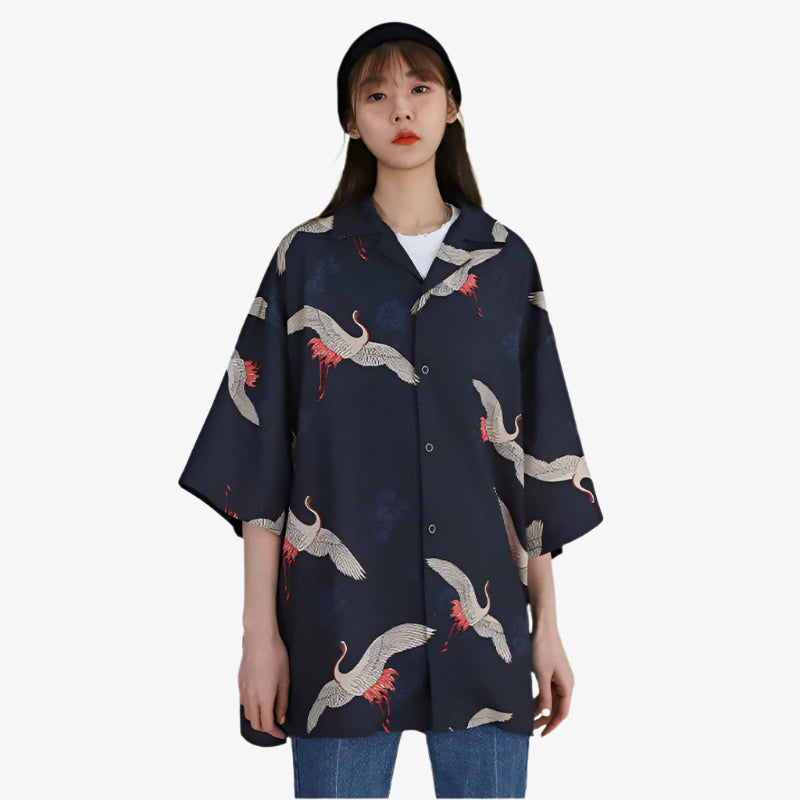 Discover the fusion of tradition and modernity with a kimono style shirt, offering a unique blend of classic Japanese design and contemporary fashion. The shirt is printed with Japanese tsuru pattern