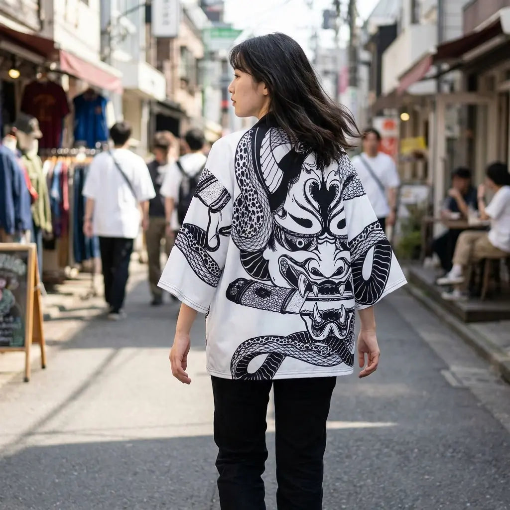 Woman seen from behind wearing a hannya kimono in a Harajuku street