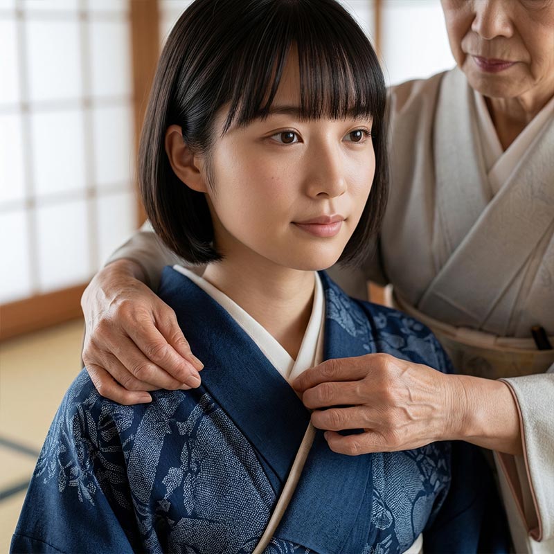 Woman adjusting a blue kimono for another woman indoors.