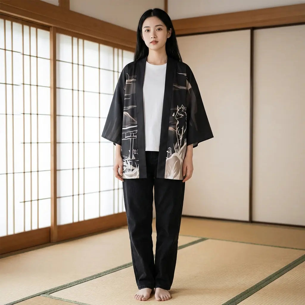 Woman wearing a kitsune haori in a washitsu room with tatami and shoji screens