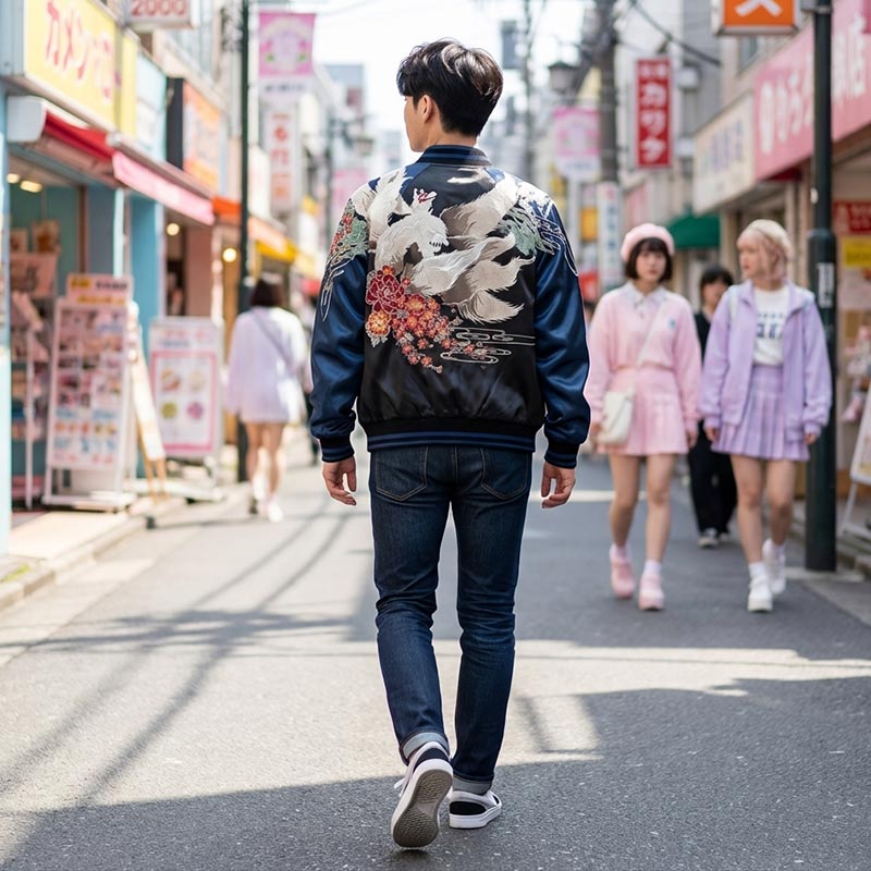 Man wearing a stylish kitsune jacket with floral patterns walking on a Harajuku street with pedestrians in the background.