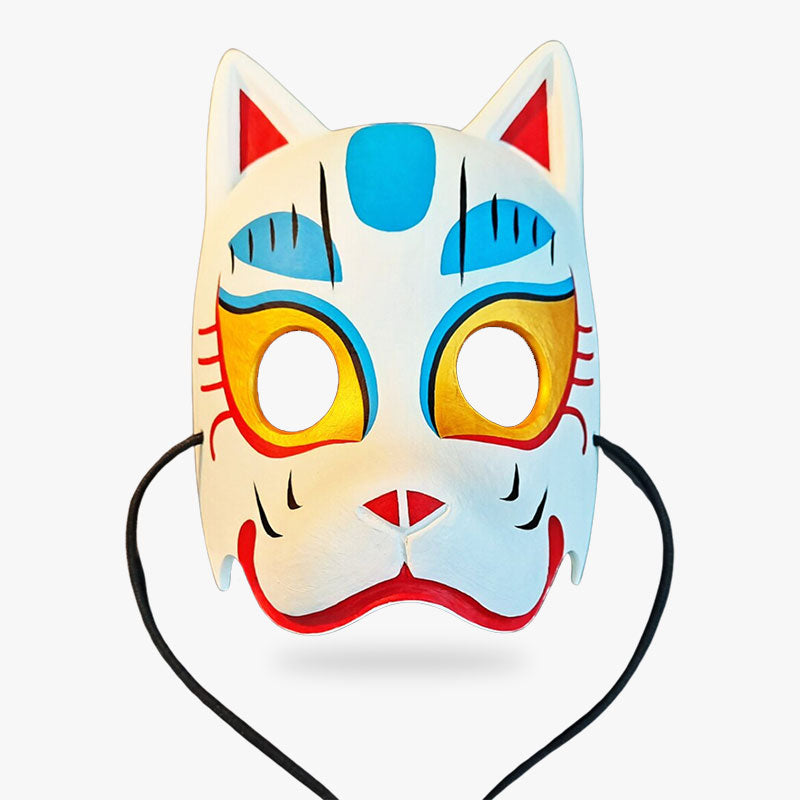 kitsune mask half hand painted with vibrant colors. The japanese fox mask symbolizes a kami
