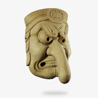 The Kyogen Mask is a noh mask handmade and crafted with wood material. The japanese face mask is a tengu. It's a creature from shintoism with a long nose